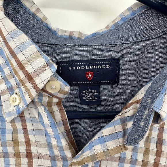 Saddlebred size large plaid button down long sleeve shirt blue brown - Picture 3 of 3